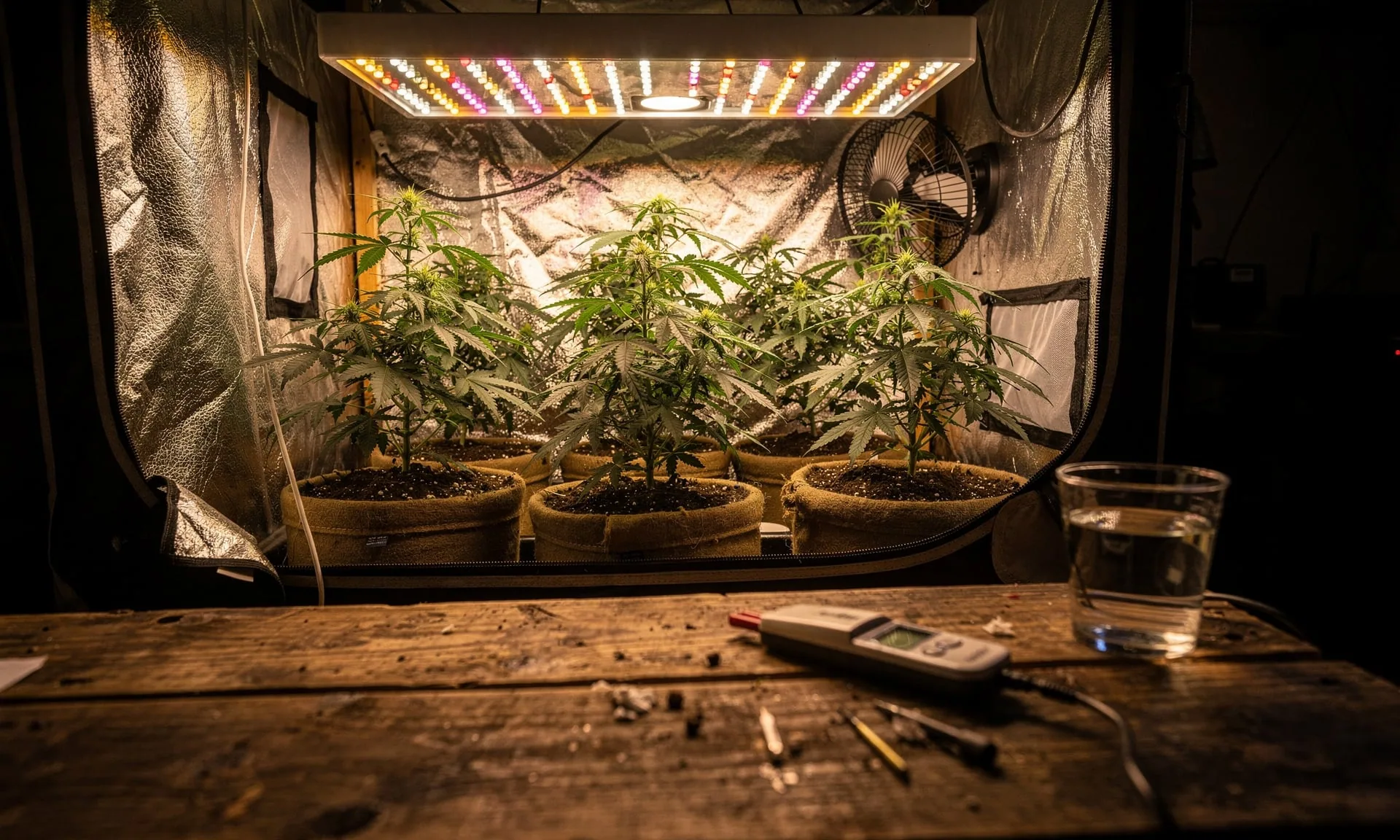 Cannabis plants growing in coco coir inside home grow tent with LED lighting and wooden workbench
